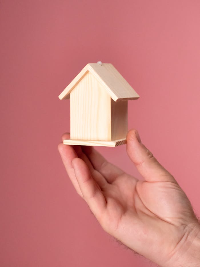 services-05 A close-up of a hand holding a small wooden house model against a pink background, symbolizing property and investment.